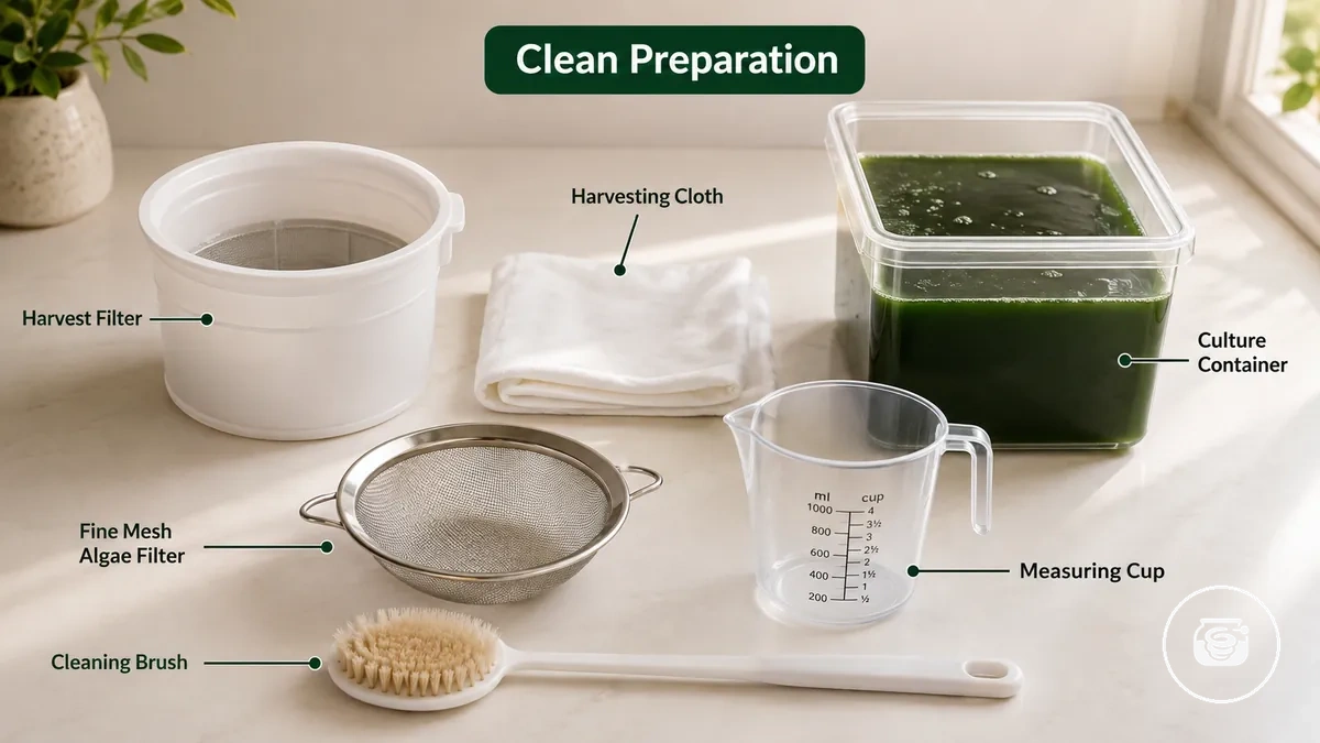 Outils de récolte de spiruline propres pour un kit de culture domestique