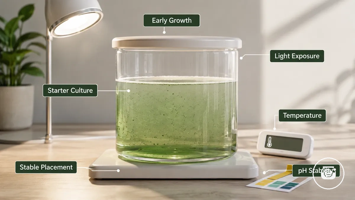 Début de croissance lent de la spiruline dans un contenant de culture domestique sous une lumière stable