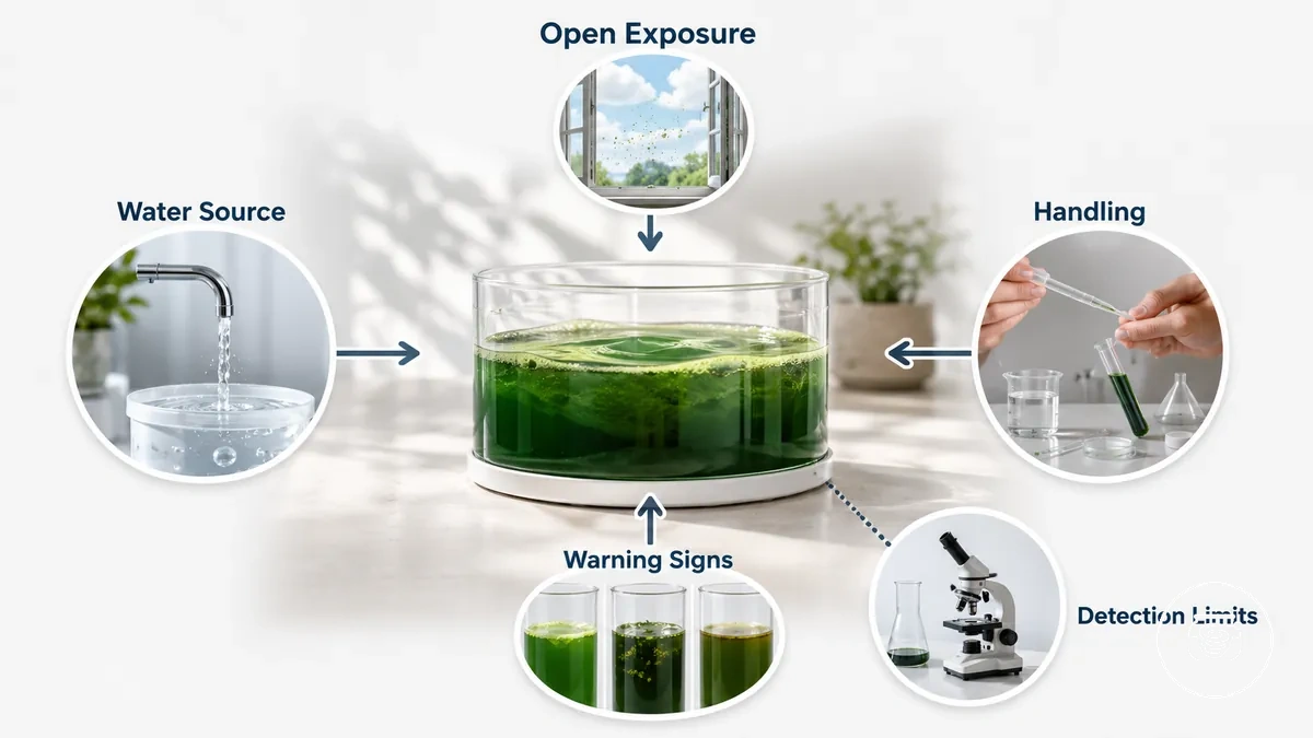 Diagramme des sources de risque de contamination des cultures de spiruline à domicile, incluant l eau, les outils et la manipulation à l air libre