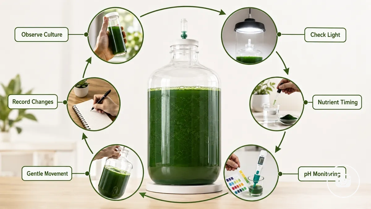 Diagramme étape par étape montrant l observation quotidienne, la vérification de la lumière, le timing des nutriments, la surveillance du pH et l agitation douce pendant une routine de culture de la spiruline