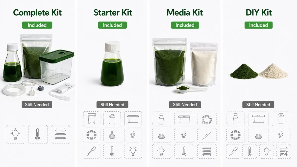 Graphique comparatif des types de kits de spiruline : complet, démarrage, milieu et DIY