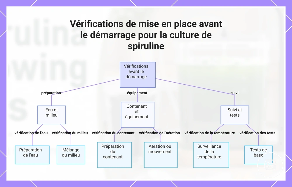 Vérifications de mise en place avant le démarrage pour la culture de spiruline
