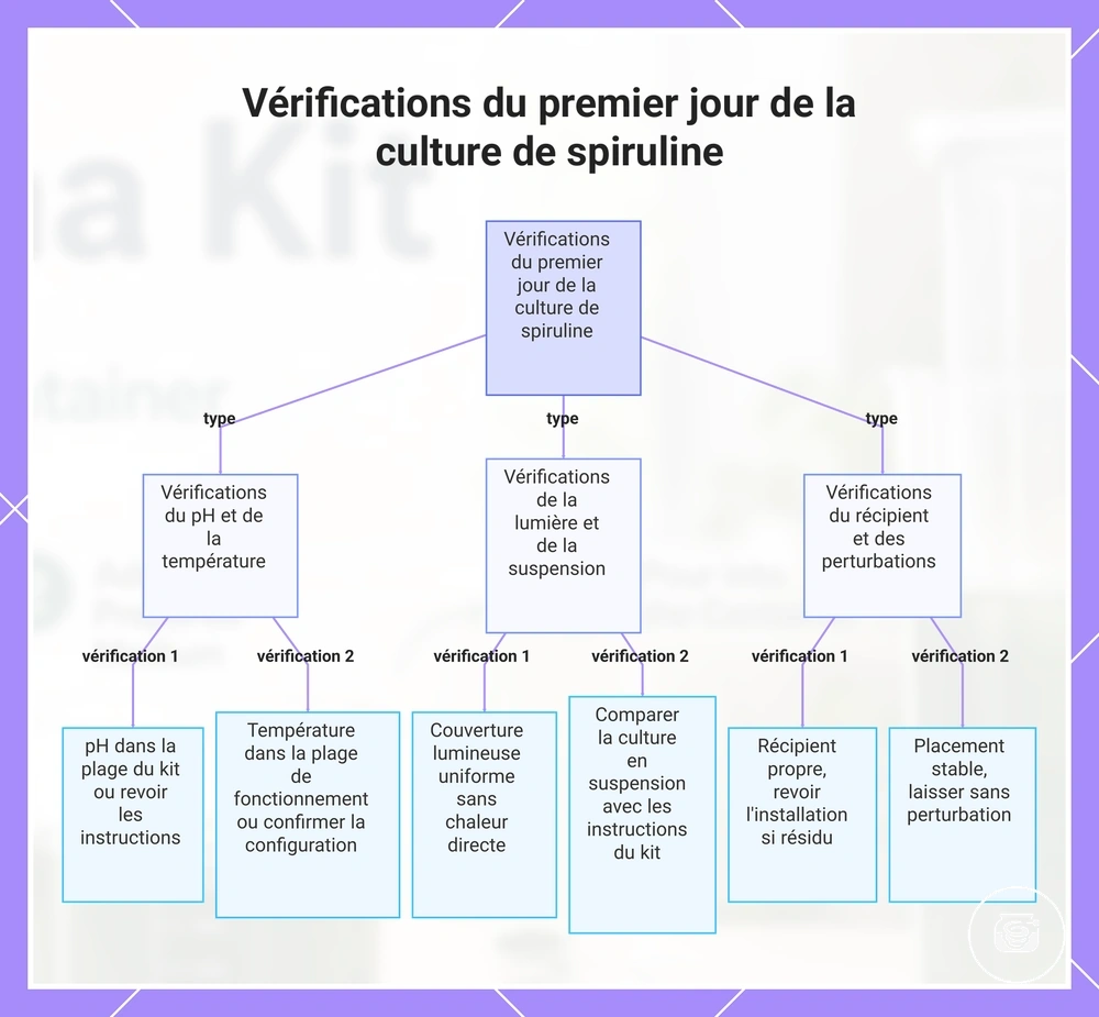 Vérifications du premier jour de la culture de spiruline