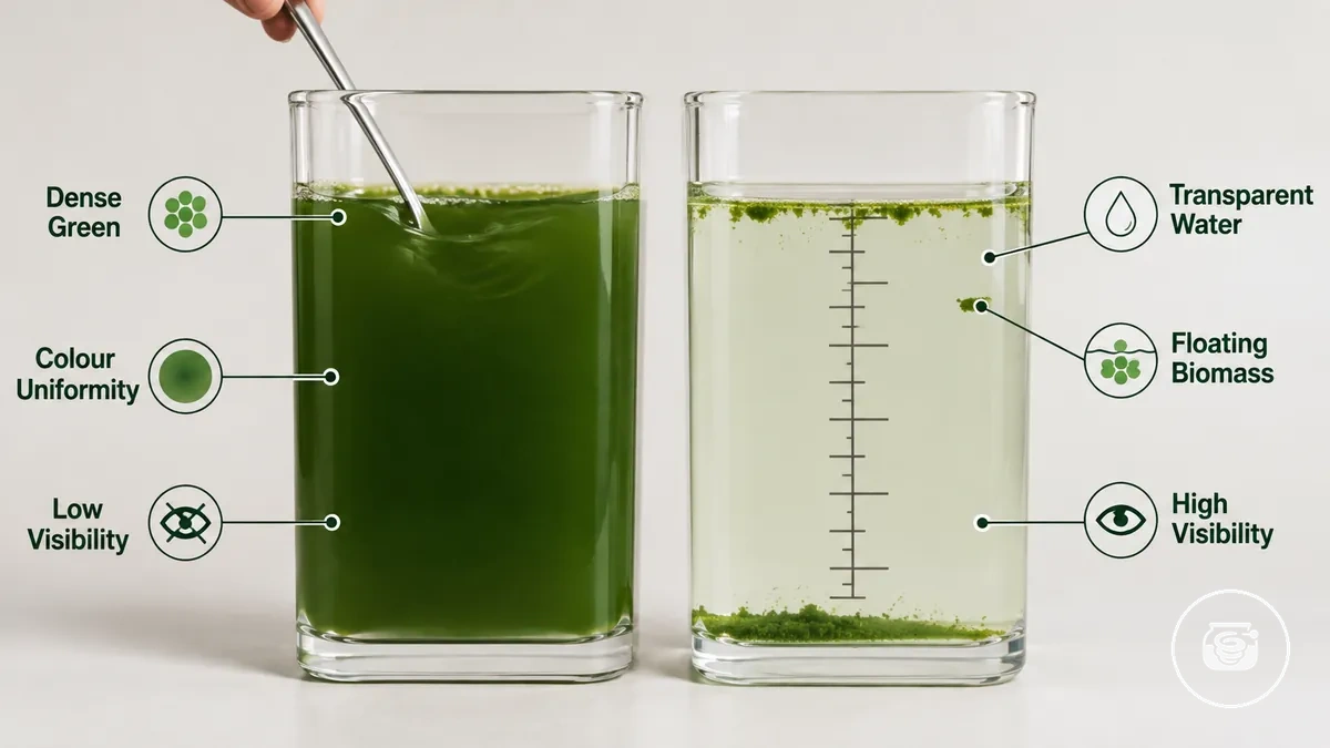 Vérification de la densité et de la visibilité de la culture de spiruline dans un récipient de kit de culture transparent