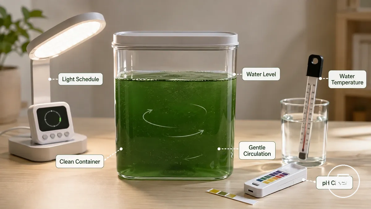 Vérifications de la première semaine d un kit de culture de spiruline avec bandelette pH, thermomètre, lumière et contenant de culture