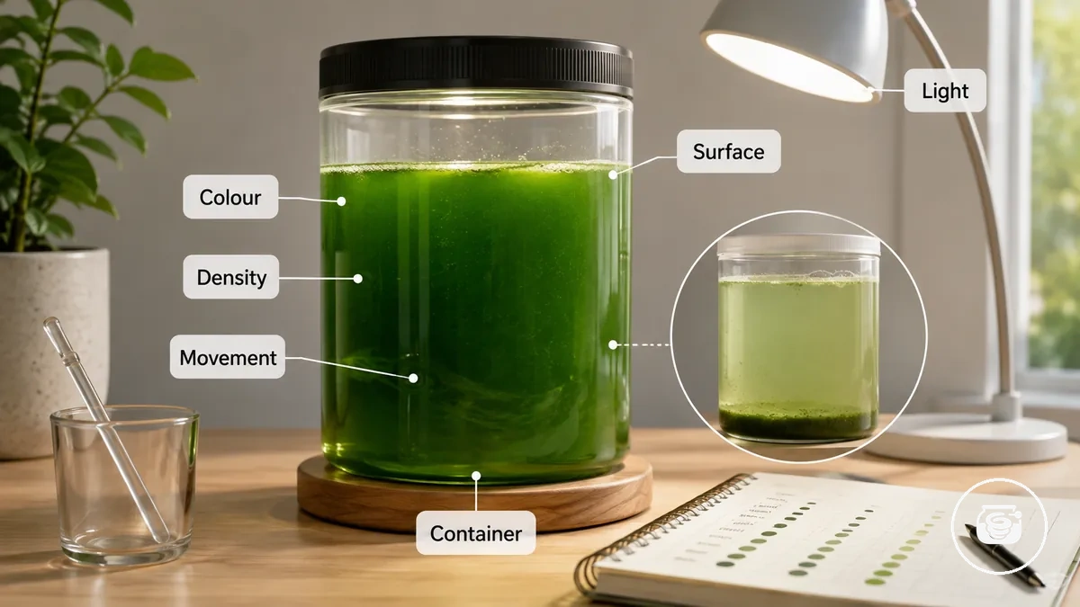 Inspection quotidienne d une culture de spiruline stable montrant la couleur la densité l état de surface et l exposition à la lumière