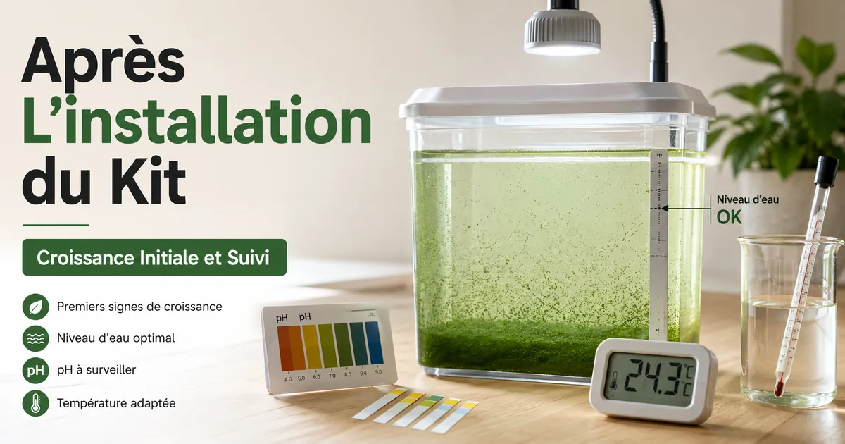 Kit de culture de spiruline à domicile après installation avec croissance initiale et outils simples de suivi