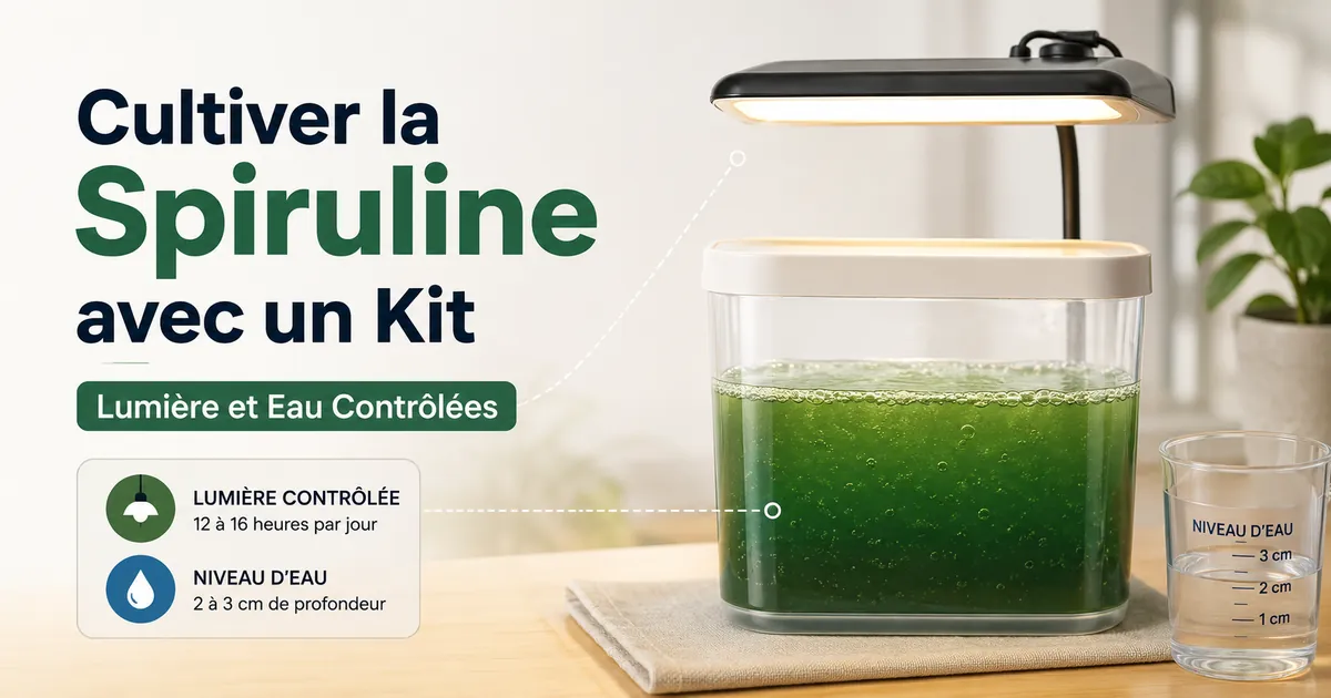Spiruline en croissance dans un récipient transparent avec lumière et eau contrôlées après l’installation