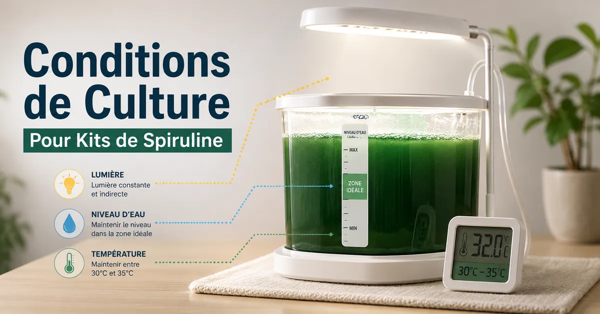 Kit de culture de spiruline en intérieur sous une lampe avec contrôle du niveau d’eau et de la température