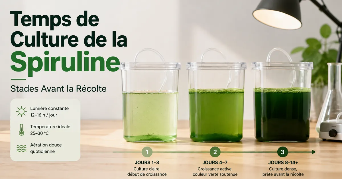 Culture issue d’un kit de spiruline montrée à différents stades de croissance avant la récolte