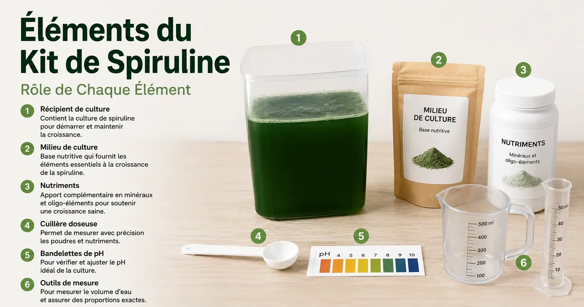 Éléments d’un kit de culture de spiruline avec récipient, milieu de culture, nutriments et outils de mesure