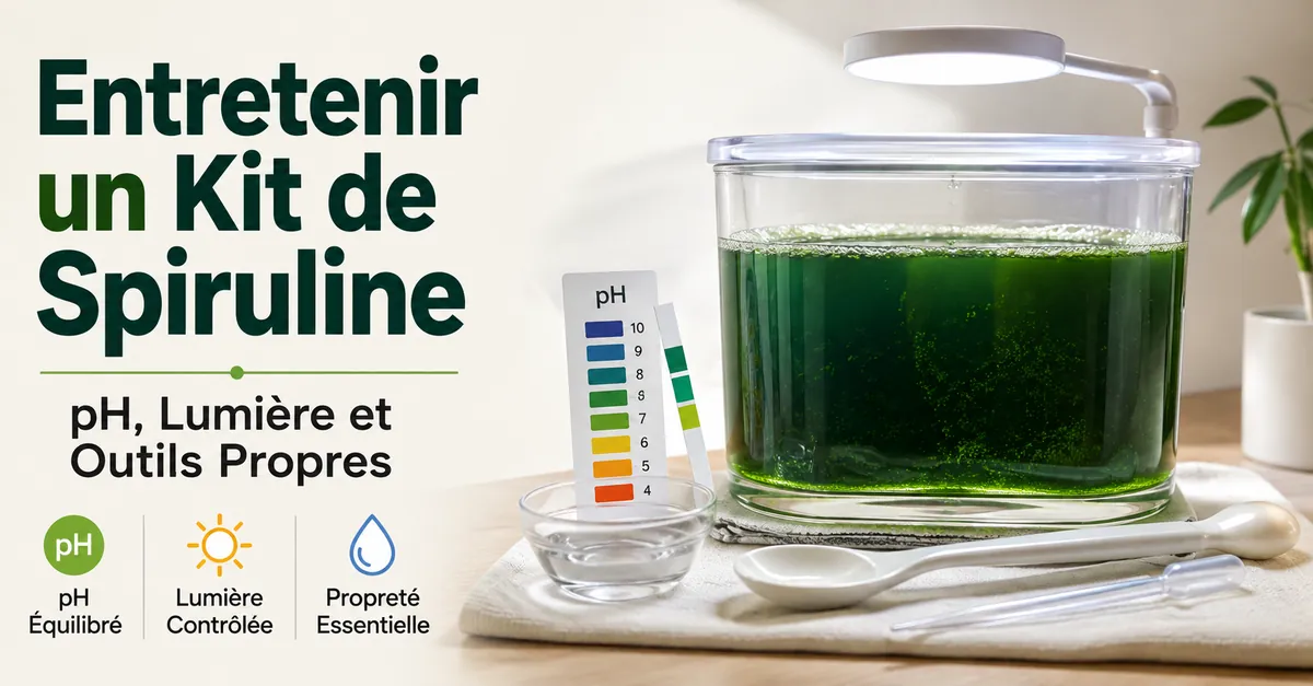 Entretien d’un kit de culture de spiruline avec test du pH, contrôle de la lumière et outils propres
