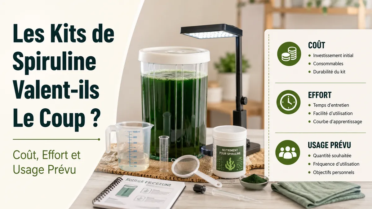 Matériel d’un kit de culture de spiruline accompagné d’une liste sur le coût, l’effort et l’usage prévu