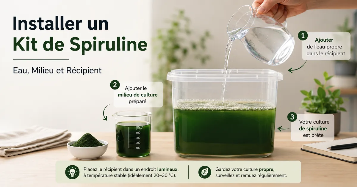 Installation pas à pas d’un kit de culture de spiruline avec eau, milieu de culture et récipient