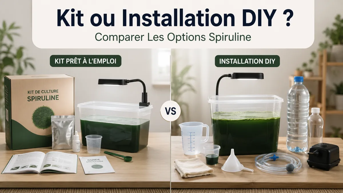 Comparaison côte à côte d’un kit de culture de spiruline prêt à l’emploi et d’une installation DIY