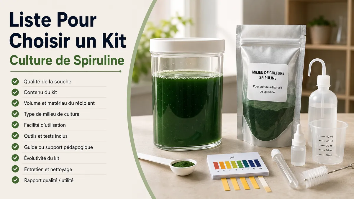 Liste de contrôle pour l’achat d’un kit de culture de spiruline près du milieu, du récipient et du matériel de test
