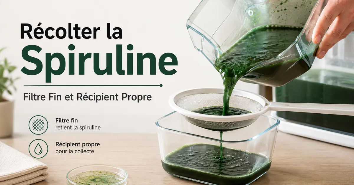 Récolte de spiruline issue d’un kit domestique avec un filtre fin et un récipient propre
