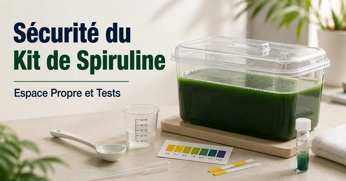 Espace de travail propre pour un kit de culture de spiruline avec récipient couvert et matériel de test