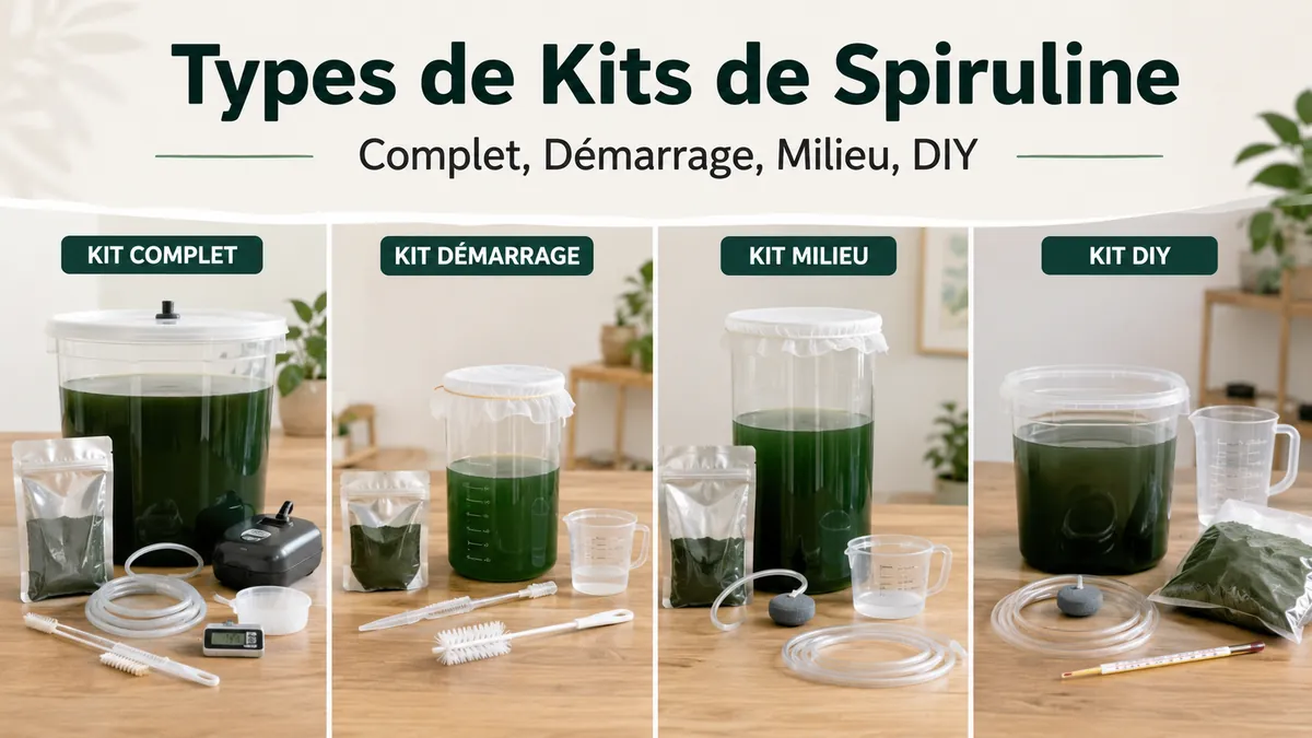 Différents kits de culture de spiruline présentés en versions complète, démarrage, milieu et DIY