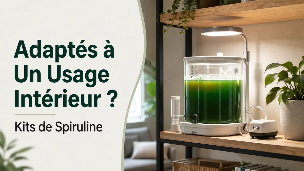 Kit de culture de spiruline installé sur une étagère avec un éclairage compact pour l’intérieur