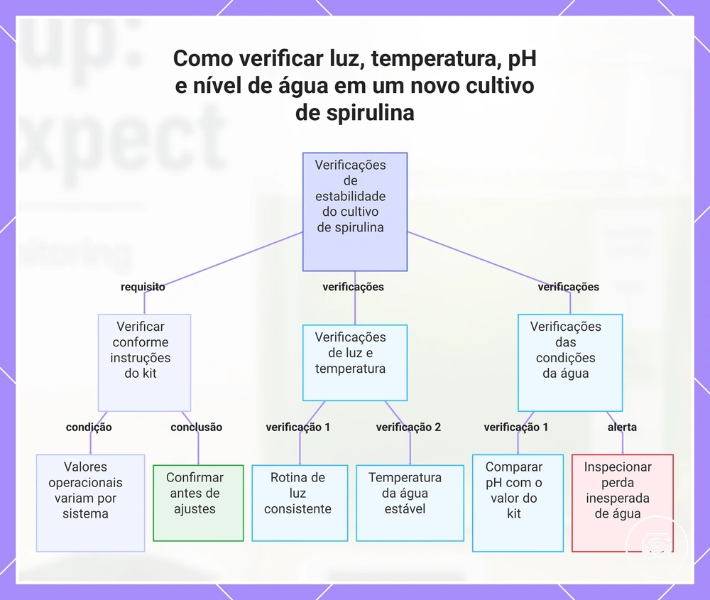 Como verificar luz, temperatura, pH e nível de água em um novo cultivo de spirulina