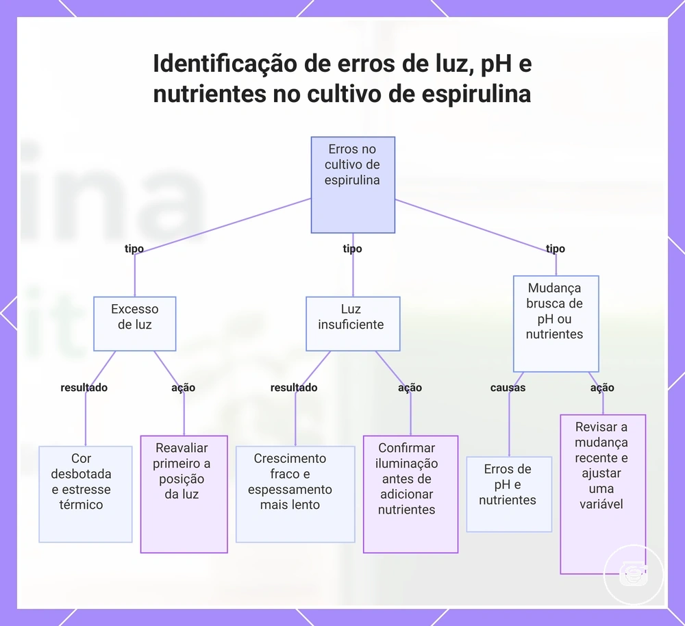 Identificação de erros de luz, pH e nutrientes no cultivo de espirulina
