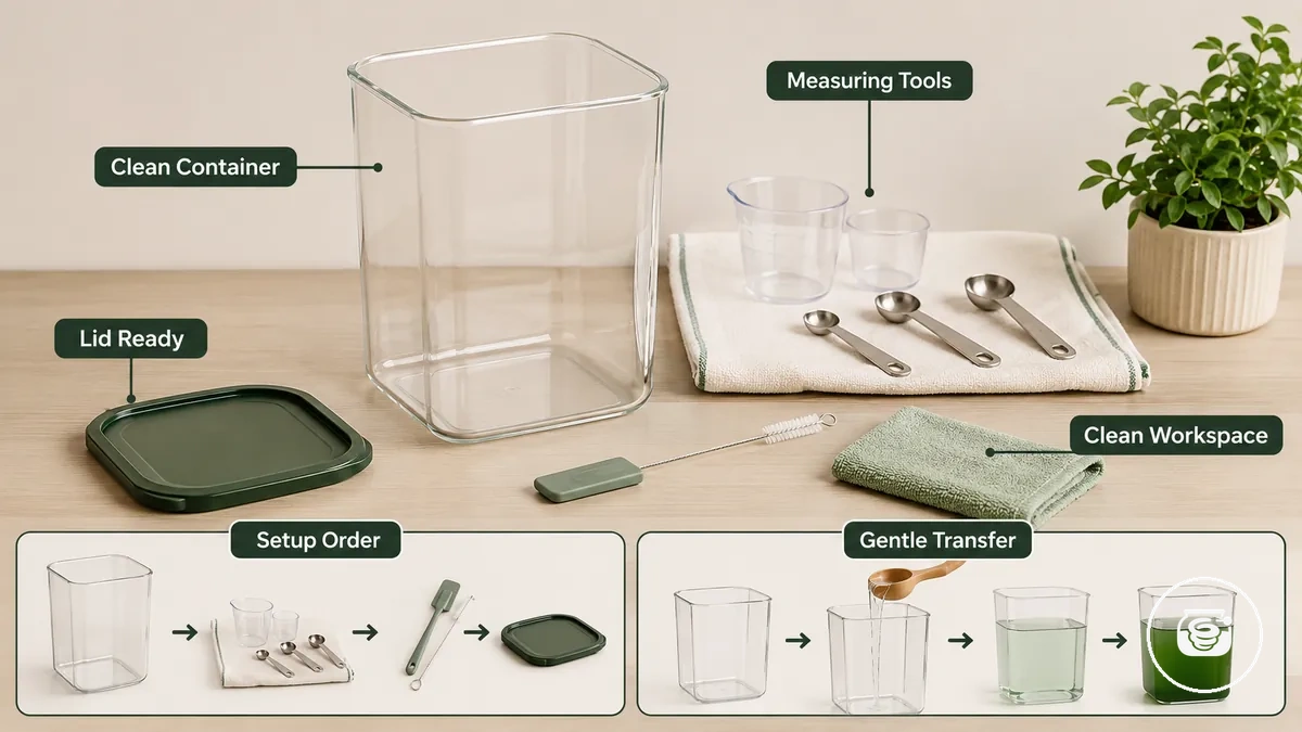 Limpeza do recipiente e preparação da área de montagem mostrados com itens relevantes para a montagem do kit de spirulina