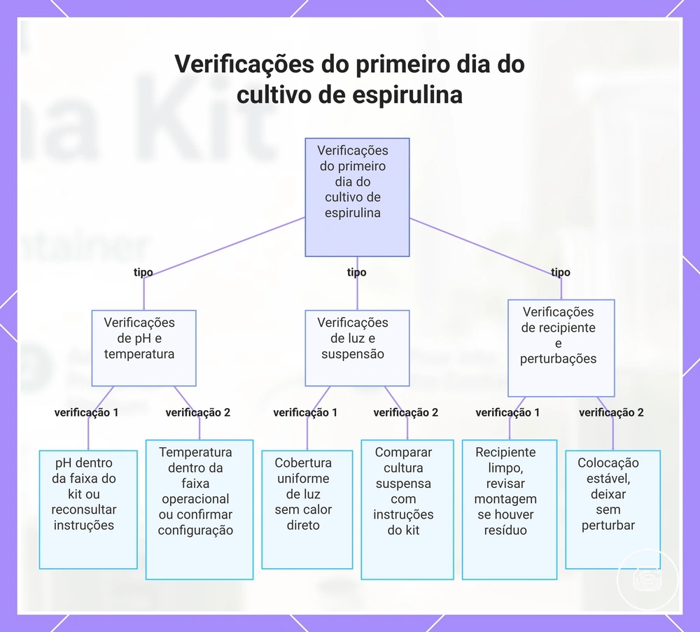 Verificações do primeiro dia do cultivo de espirulina