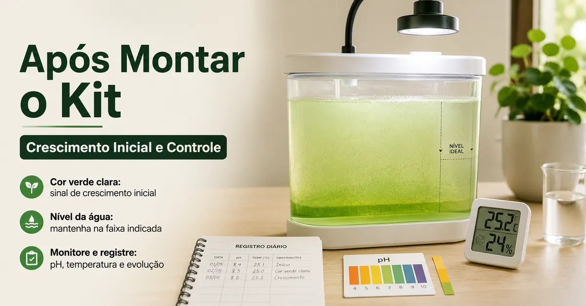 Kit doméstico de cultivo de spirulina após a montagem com crescimento inicial e instrumentos de controle