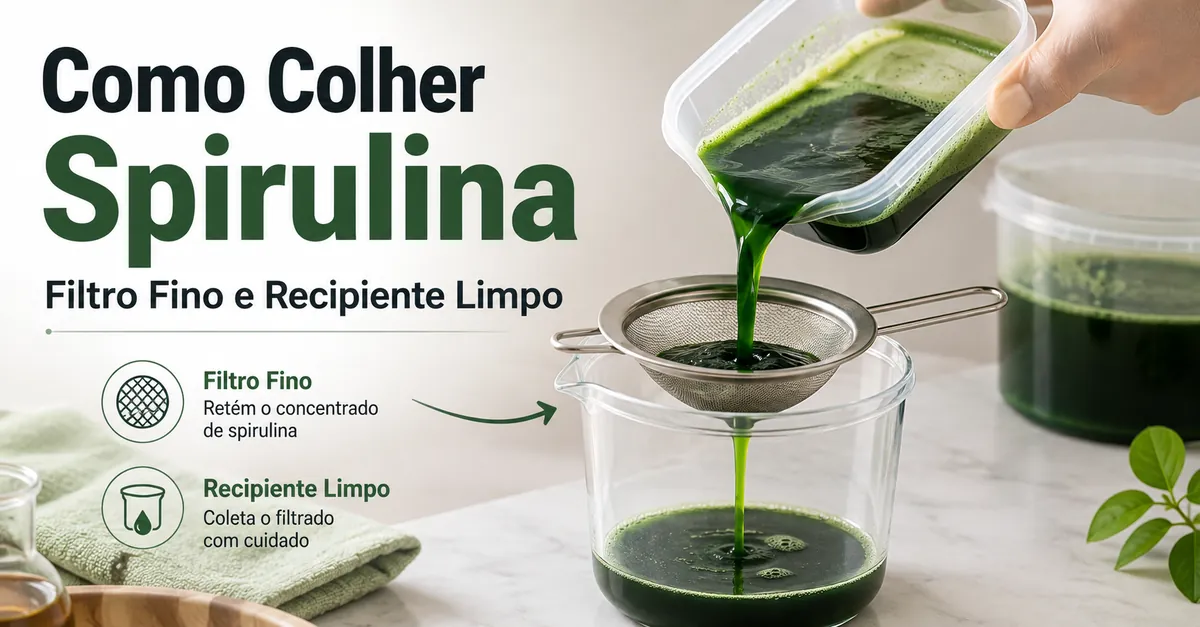 Colheita de spirulina de um kit doméstico com filtro fino e recipiente limpo