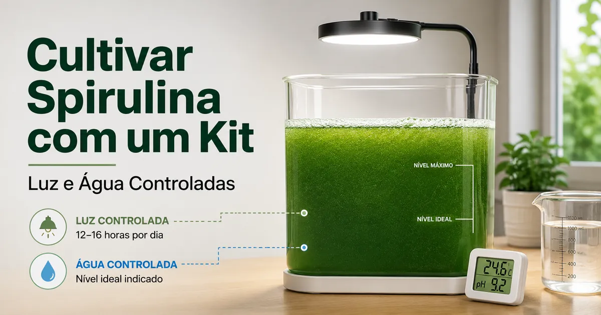 Spirulina crescendo em recipiente transparente com controle de luz e condições da água