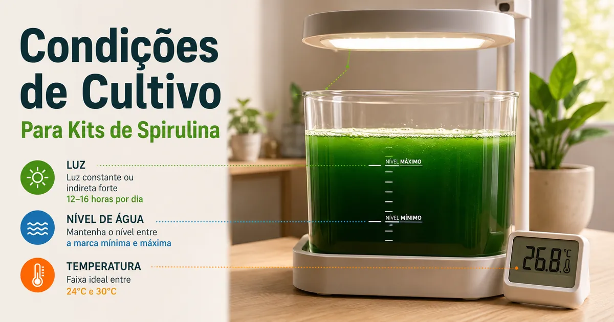 Kit de cultivo de spirulina em ambiente interno com controle de luz, nível da água e temperatura
