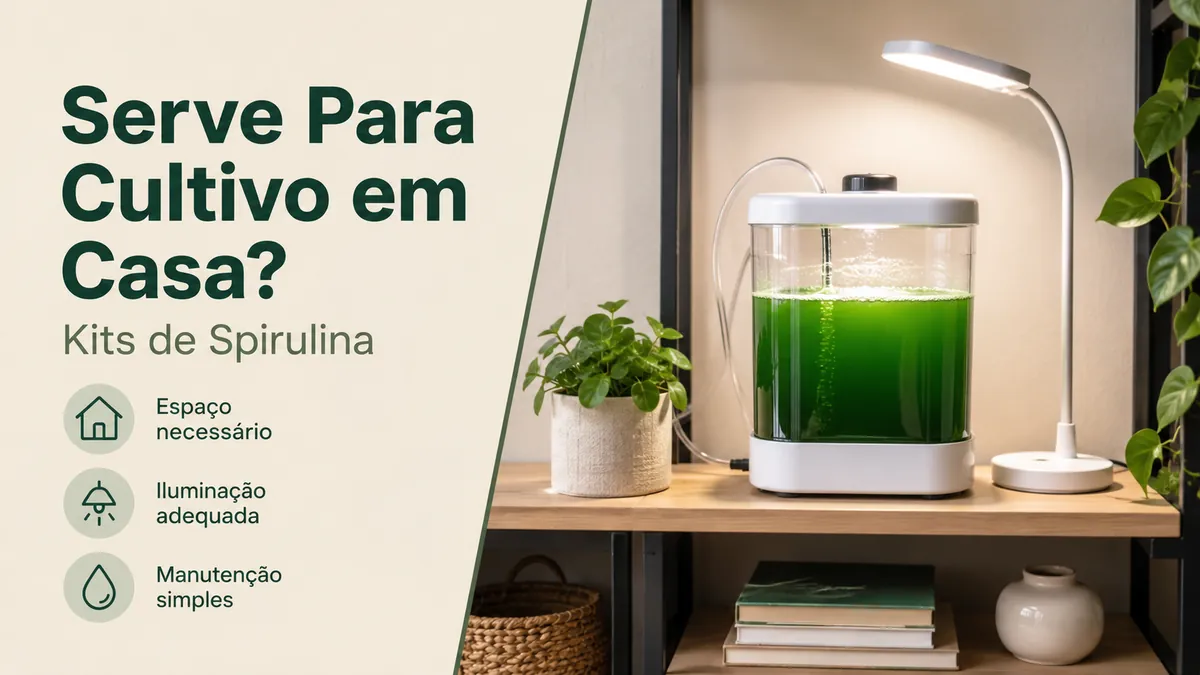 Kit compacto para cultivar spirulina dentro de casa colocado em uma prateleira com iluminação