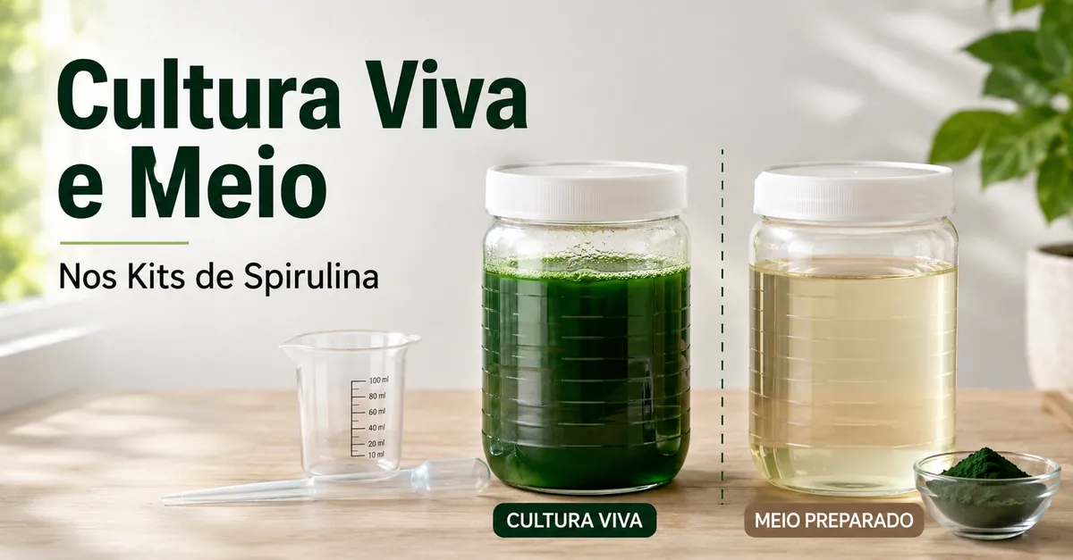 Cultura viva de spirulina e meio de cultivo preparados para um kit doméstico