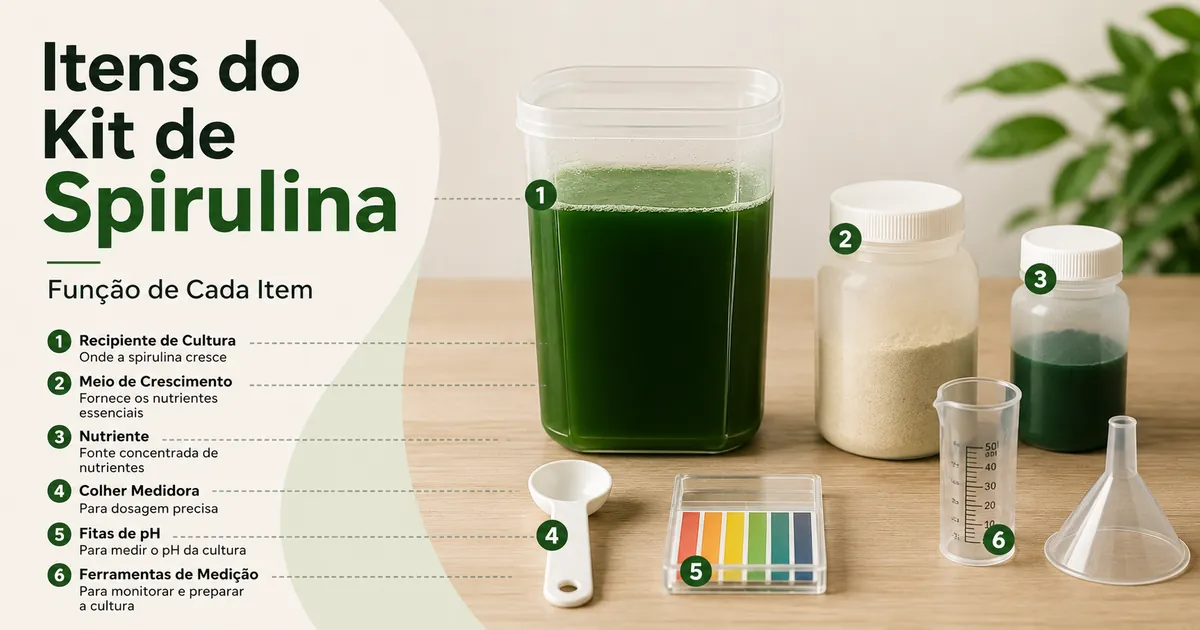 Itens de um kit de cultivo de spirulina com recipiente, meio de cultivo, nutrientes e instrumentos de medição