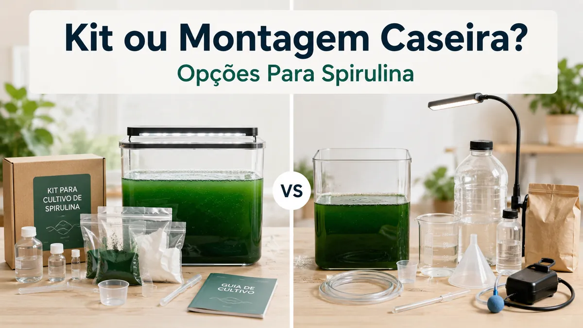 Comparação lado a lado entre um kit de cultivo de spirulina e uma montagem caseira
