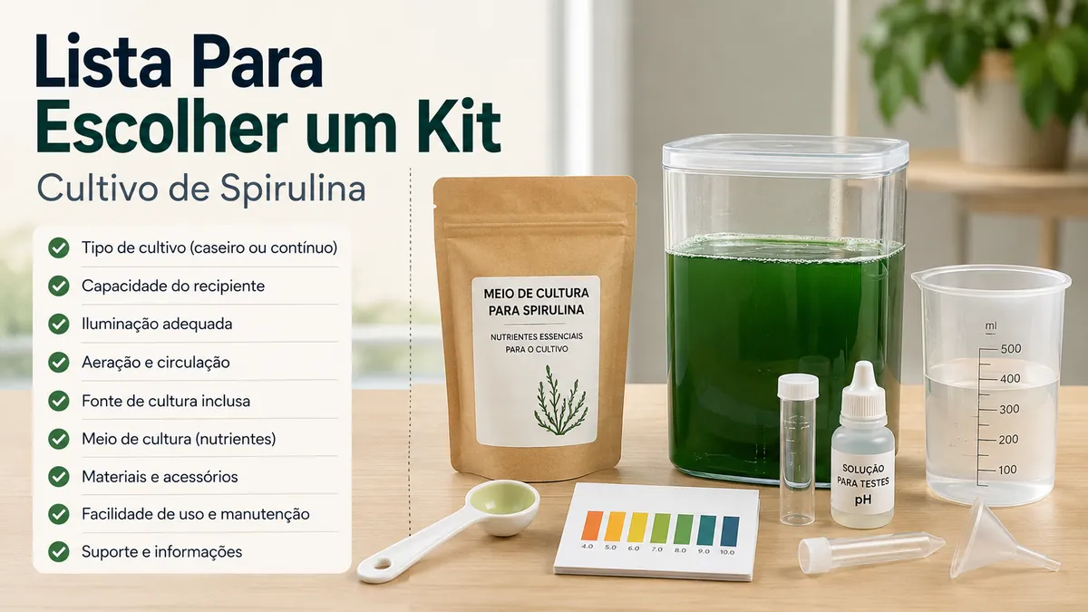 Lista de compra de um kit de cultivo de spirulina ao lado do meio, recipiente e materiais de teste