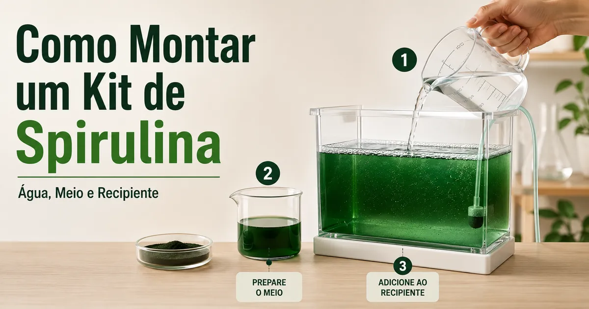 Montagem passo a passo de um kit de cultivo de spirulina com água, meio de cultivo e recipiente