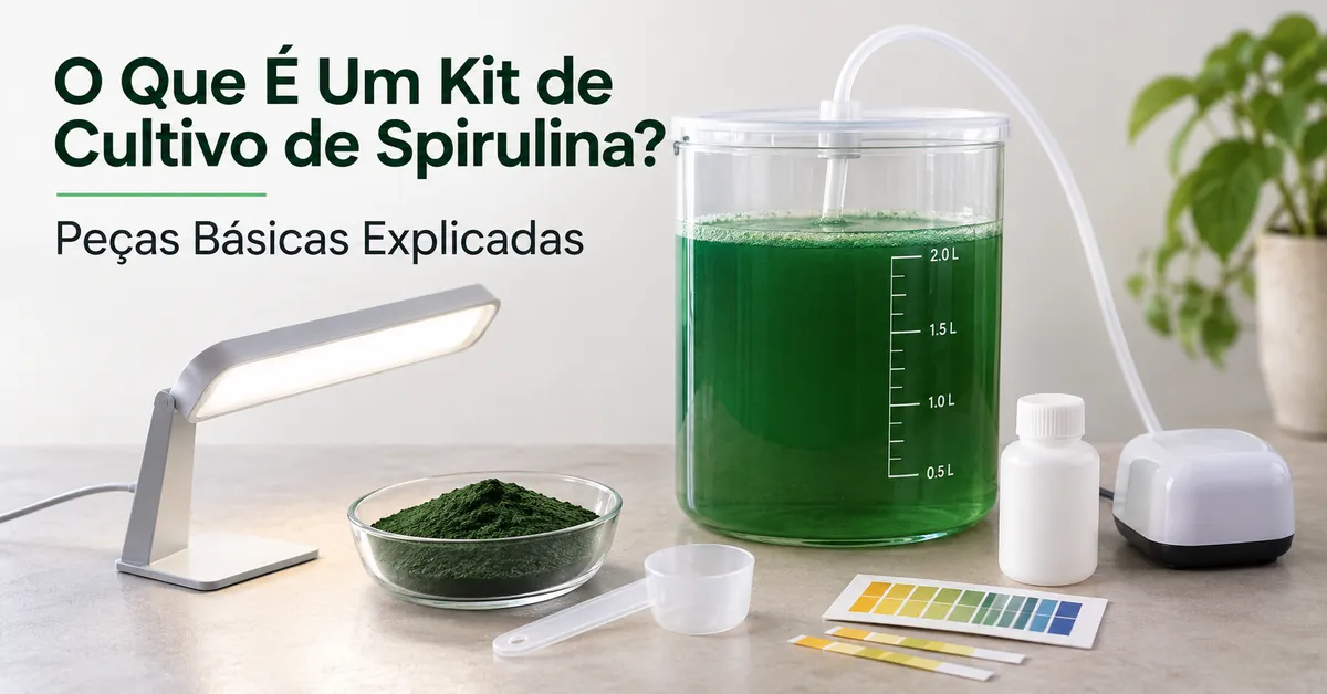 Peças básicas de um kit de cultivo de spirulina ao lado de um recipiente transparente
