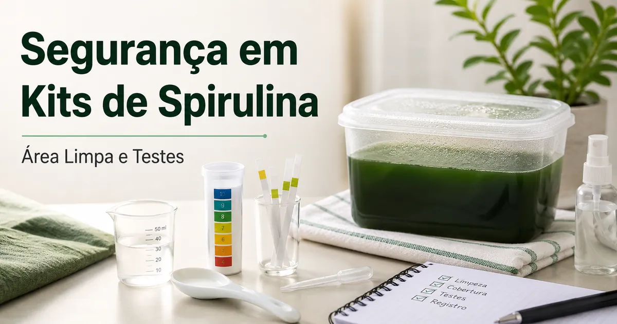 Área limpa para cultivo de spirulina com recipiente coberto e materiais de teste