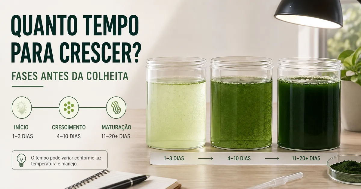 Cultura de spirulina em diferentes fases de crescimento antes da colheita