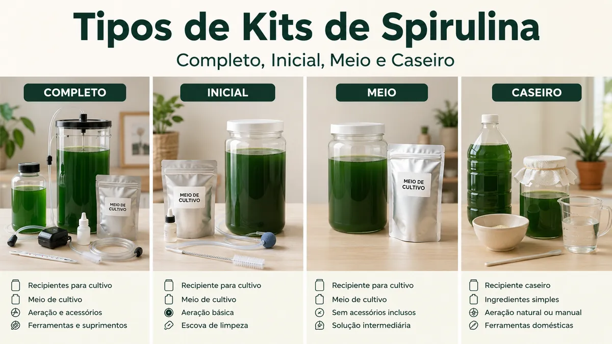 Diferentes tipos de kits de cultivo de spirulina: completo, inicial, com meio de cultivo e montagem caseira
