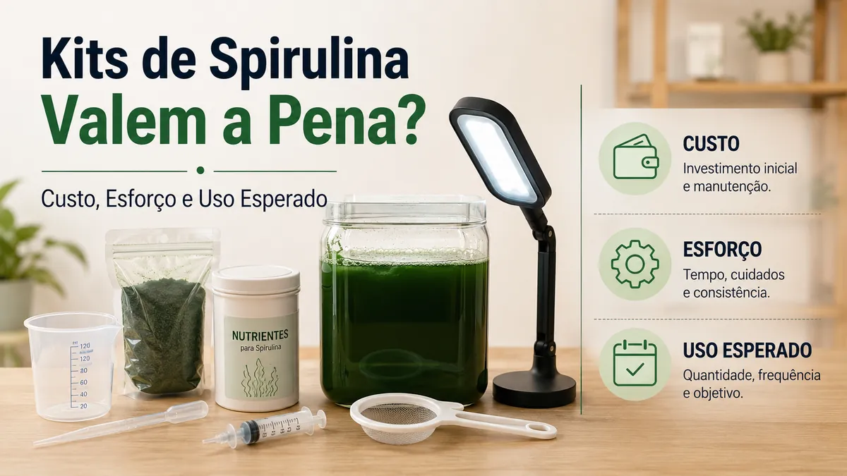 Materiais de um kit de cultivo de spirulina com lista de custos, esforço e uso esperado