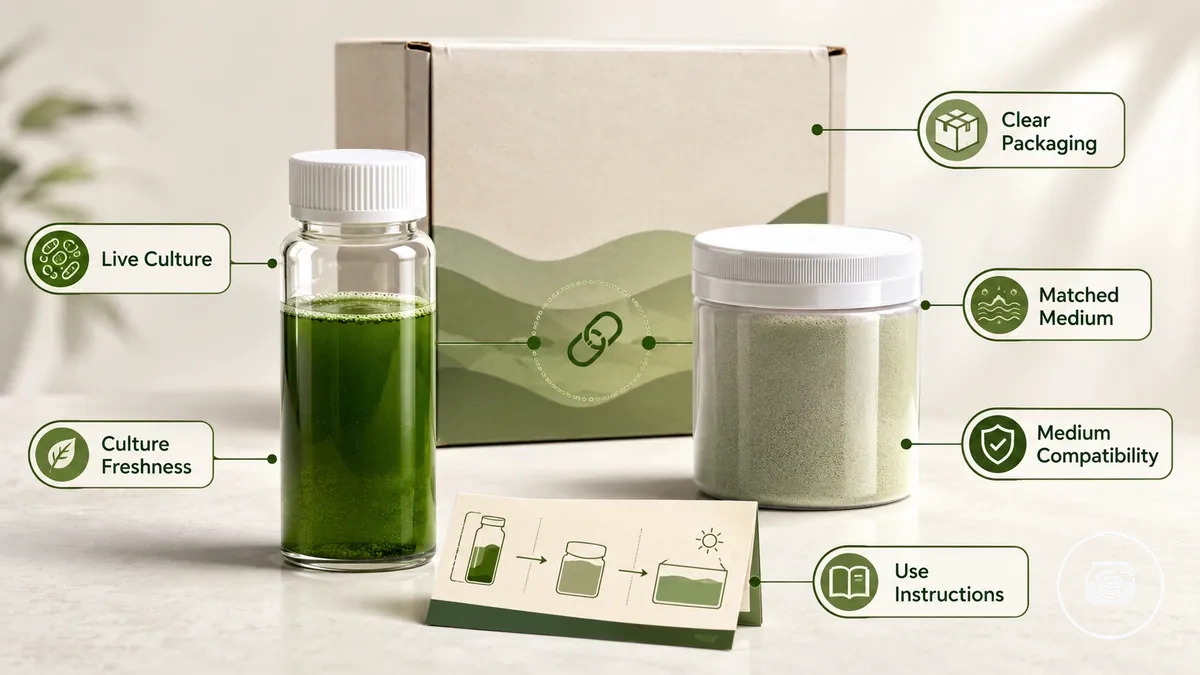 Bir başlangıç spirulina yetiştirme kitinde bulunan canlı başlangıç kültürü ve uyumlu yetiştirme ortamı