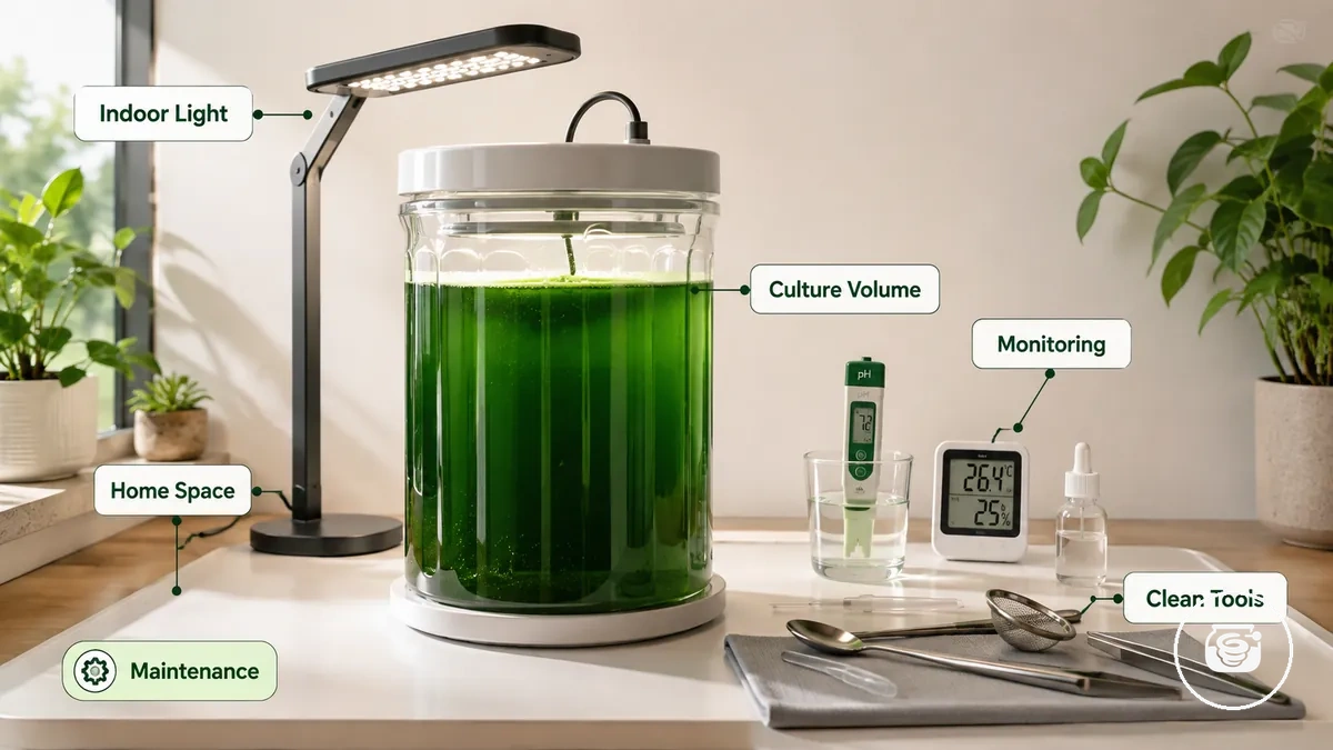 Spirulina yetiştirme kiti uyumunu değerlendirmek için kullanılan ev kurulumu öğeleri