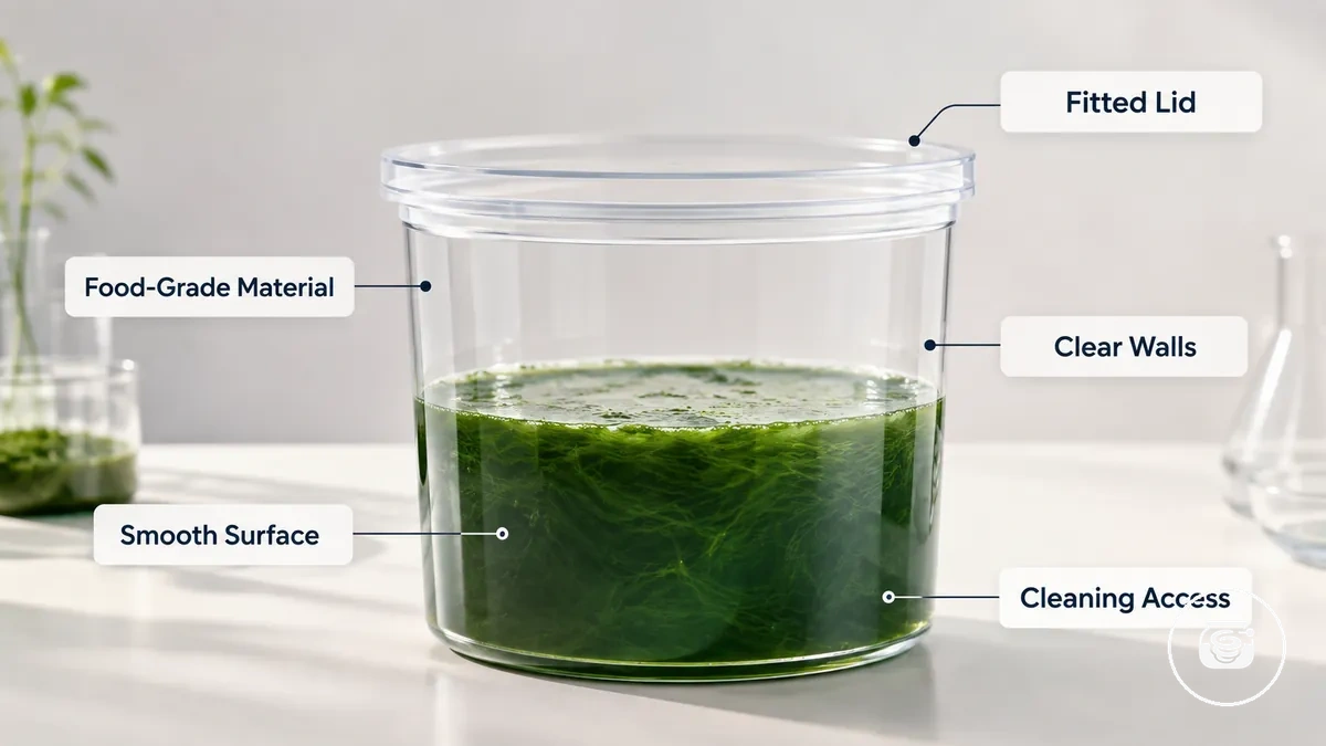 Kapaklı ve şeffaf duvarlı, temiz elleçleme yüzeyine sahip açıklamalı gıda sınıfı spirulina kültür kabı