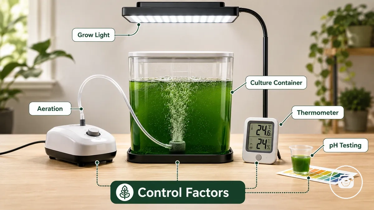Ev spirulina yetiştirme kitinde kullanılan kap, havalandırma, aydınlatma ve test araçları