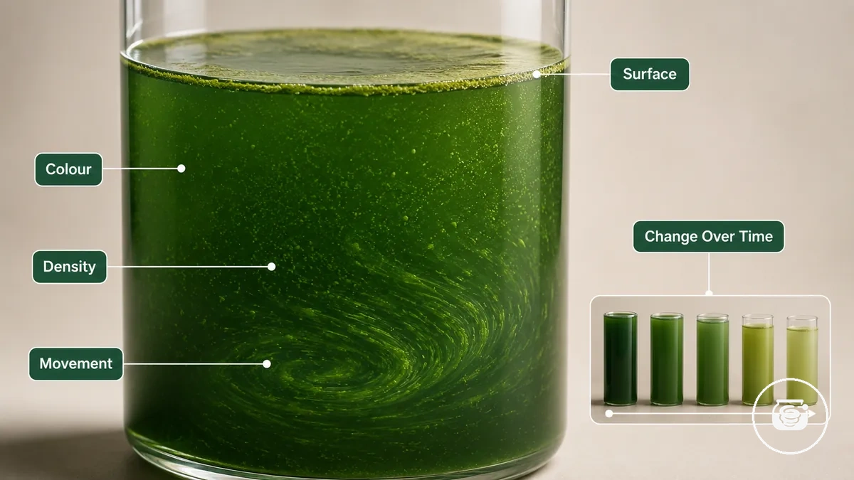 Spirulina kültürünün renk, yoğunluk, hareket ve yüzey görünümünü gösteren yakın çekim incelemesi