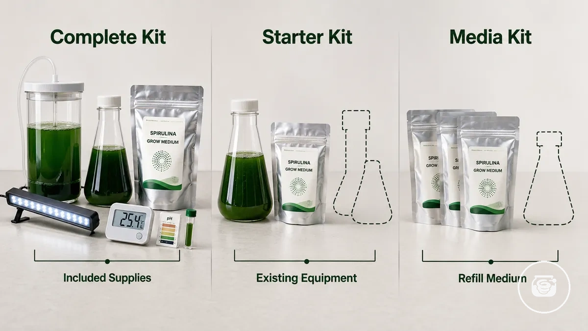 Tam, başlangıç ve ortam spirulina kit kapsamının karşılaştırması