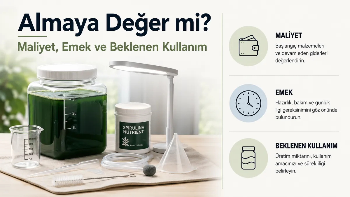 Maliyet, emek ve beklenen kullanıma yönelik kontrol listesiyle düzenlenmiş spirulina yetiştirme kiti malzemeleri